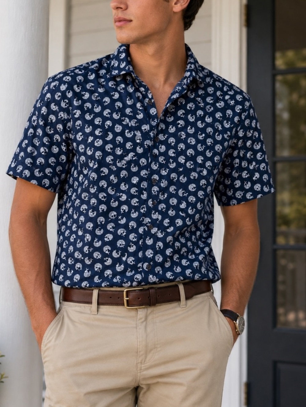 Untuckit Button Down Shirt Mens Size Large Blue All Over Print 100% Cotton Short
